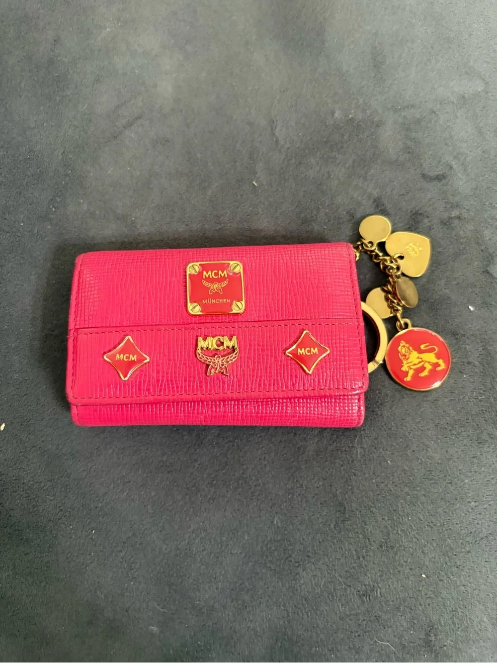 MCM Hot Pink Leather Logo Wallet with Gold Charm Keyring